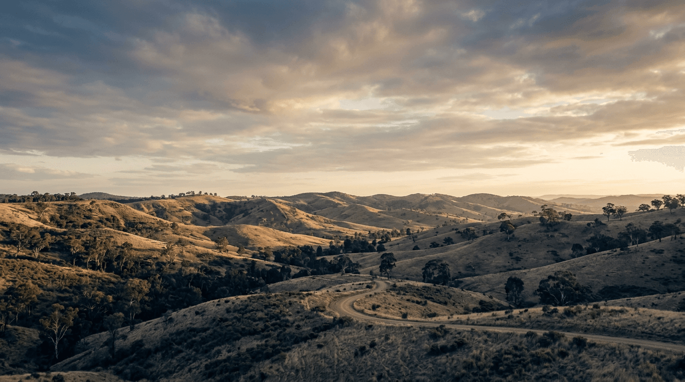 Open Australian landscape in warm afternoon light with muted green tones