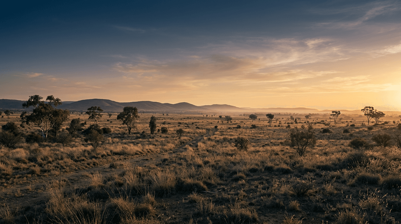 Sunlit open landscape with warm golden light and wide sky
